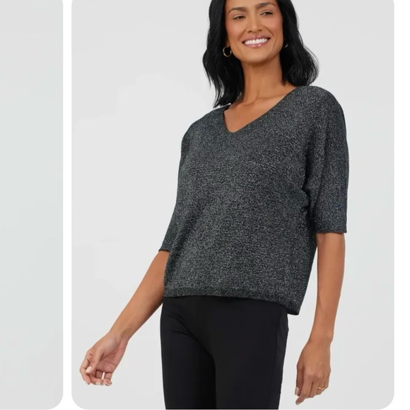 Suzy D London FLORENTINE V NECK SPARKLE BATWING KNIT Sweater Navy Sz LG - Picture 1 of 12